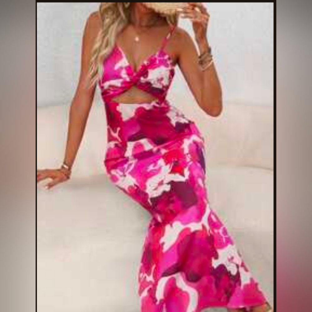 Brand New! SHEIN Cut out maxi dress, hot pink floral print, Sz medium